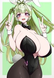 1girl :d animal_ears antenna_hair bare_shoulders black_bow black_bowtie black_leotard blush bow bowtie breasts brown_pantyhose curvy detached_collar double_v fake_animal_ears fake_tail goddess_of_victory:_nikke green_hair green_nails heart_antenna_hair highleg highleg_leotard huge_breasts leotard long_hair looking_at_viewer mole mole_on_breast nail_art nail_polish open_mouth pantyhose pink_eyes playboy_bunny rabbit_ears rabbit_tail smile soda_(nikke) soda_(twinkling_bunny)_(nikke) solo strapless strapless_leotard tail twintails v wide_hips wrist_cuffs yoonsun