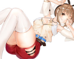 1girl ass atelier_(series) atelier_ryza atelier_ryza_1 bare_shoulders belt blue_belt blush breasts brown_eyes brown_hair cleavage commentary hair_ornament hairclip hat highres jewelry kian large_breasts looking_at_viewer necklace one_eye_closed red_shorts reisalin_stout short_hair short_shorts shorts smile solo star_(symbol) thighhighs thighs white_hat white_thighhighs rating:Sensitive score:8 user:danbooru