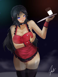  1girl black_hair blue_eyes breast_hold breasts caly_(voidbound) cleavage cup highres holding holding_tray large_breasts milk sayakamulya solo thighhighs tray voidbound  rating:Questionable score:6 user:Cursed_Atelier