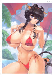  1girl absurdres animal_ears bikini black_hair blue_eyes blush breasts cat_ears covered_erect_nipples highres huge_breasts looking_at_viewer mogudan skindentation swimsuit toranoana  rating:Questionable score:70 user:Castanea