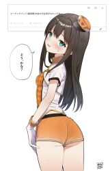  1girl aqua_eyes ass black_hair blush breasts checkered_clothes commentary_request cosplay dddd_akagi gloves hair_between_eyes hand_on_own_thigh hat highres idolmaster idolmaster_cinderella_girls l.m.b.g_(idolmaster) long_hair looking_at_viewer mini_hat orange_hat orange_shorts parted_lips shibuya_rin shirt short_shorts short_sleeves shorts sidelocks small_breasts smile solo speech_bubble sweat thighs translation_request white_background white_gloves white_shirt  rating:Sensitive score:12 user:danbooru