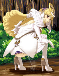 1girl ar_tonelico ar_tonelico_ii ass blonde_hair blush chroche_latel_pastalie elbow_gloves forest gloves gust hair_ornament high_heels highres hou_(hachiyou) long_hair looking_back nature no_panties pee peeing purple_eyes shoes solo squatting rating:Explicit score:85 user:danbooru