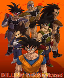  6+boys armor bardock black_eyes black_hair boots clenched_hand dragon_ball dragonball_z eyebrows frown gloves grin long_hair looking_at_viewer looking_back male_focus multiple_boys muscular nappa raditz scouter smile son_goku spiked_hair tail thick_eyebrows tullece vegeta  rating:Sensitive score:16 user:AniManga