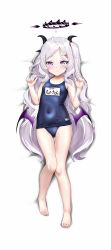  1girl antenna_hair bare_legs barefoot bed_sheet blue_archive collarbone commentary_request demon_girl demon_horns demon_wings forehead full_body hair_ornament hairclip halo highres hina_(blue_archive) hina_(swimsuit)_(blue_archive) horns long_hair looking_at_viewer lying mister_(black_and_white) name_tag official_alternate_costume old_school_swimsuit on_back one_side_up purple_eyes school_swimsuit sidelocks simple_background sleeveless smile solo swimsuit toes white_background white_hair wings 