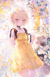  1girl bare_shoulders black_choker blonde_hair blush breasts brown_eyes choker closed_mouth commentary curtain_grab curtains dress english_commentary flower frilled_dress frills hair_between_eyes hair_flower hair_ornament hairclip highres lamp looking_at_viewer onineko original petals phonograph pink_nails rose short_hair small_breasts solo transparent window x_hair_ornament yellow_dress yellow_flower yellow_rose 