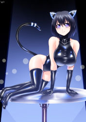  1girl android animal_ears black_hair black_thighhighs blue_background blurry bodysuit bokeh breasts cat_ears cat_tail covered_collarbone depth_of_field elbow_gloves fake_animal_ears from_side full_body gloves glowing gradient_background hair_between_eyes halterneck high_heels highres kogawawaki legs_together leotard mecha_musume neon_trim original purple_eyes robot_ears shiny_clothes short_hair skin_tight skindentation sleeveless sleeveless_turtleneck solo table tail thighhighs turtleneck  rating:Sensitive score:16 user:danbooru