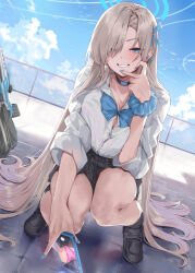  1girl asuna_(blue_archive) black_choker black_skirt blonde_hair blue_archive blue_eyes blue_nails blue_sky breasts button_gap cellphone chain-link_fence choker cloud day fence full_body grin gyaru halo holding holding_phone large_breasts long_hair looking_at_viewer miniskirt ohland outdoors panties pantyshot phone pink_panties scrunchie shirt skirt sky smartphone smile solo squatting underwear very_long_hair white_shirt wrist_scrunchie 