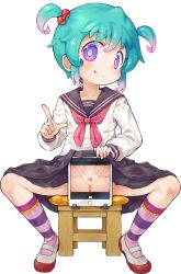  1girl :p anus aqua_hair black_sailor_collar black_skirt censored colored_tips dot_nose female_focus finger_gun hair_bobbles hair_ornament highres loli long_sleeves looking_at_viewer multicolored_hair neckerchief novelty_censor original pink_hair pink_neckerchief purple_eyes purple_socks pussy sailor_collar sakurabe_notos school_uniform shirt shoes short_twintails sidelocks simple_background sitting skirt socks solo spread_legs spread_pussy stool striped_clothes striped_socks tablet_pc tareme textless_version tongue tongue_out twintails webp-to-png_conversion white_background white_shirt 