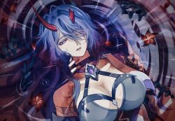  1girl acheron_(honkai:_star_rail) armor ba_nnnn bandaged_arm bandages blood blood_on_body blood_on_clothes bloody_tears breasts broken_horn cleavage commentary_request eyes_visible_through_hair flower hair_over_one_eye heterochromia highres honkai:_star_rail honkai_(series) horns large_breasts long_hair long_horns lying on_back parted_lips partially_submerged purple_eyes purple_hair rain red_eyes red_flower red_horns ripples shoulder_armor single_bare_shoulder solo very_long_hair water_drop wet 