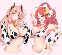 2girls akino_(princess_connect!) animal_ears animal_print aqua_eyes bad_id bad_pixiv_id bare_shoulders bell bikini blush bow breasts cleavage closed_mouth collar collarbone cow_ears cow_print cowbell demon_horns ear_tag elbow_gloves gloves hair_bow high_ponytail highres horns large_breasts licking_lips long_hair looking_at_viewer multiple_girls navel neck_bell one_eye_closed one_side_up open_mouth parted_bangs pink_hair princess_connect! purple_eyes red_hair seiren_(kkh2052) sidelocks smile strap_pull suzuna_(princess_connect!) swimsuit tongue tongue_out white_gloves rating:Sensitive score:21 user:danbooru