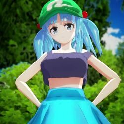  1girl 3d animated blue_eyes blue_hair breasts cloud crop_top downblouse hair_bobbles hair_ornament hands_on_own_hips hanging_breasts hat jiggle kawashiro_nitori large_breasts leaning_forward looking_at_viewer medium_hair mofumoko5 no_bra outdoors sky smile solo standing strap_slip tagme touhou twintails video  rating:Sensitive score:60 user:Qwertyuiop999