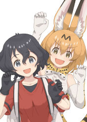  2girls absurdres animal_ears backpack bag bare_shoulders black_gloves black_hair blonde_hair blue_eyes bow bowtie cat_ears cat_girl cat_tail claw_pose elbow_gloves extra_ears gloves hair_between_eyes high-waist_skirt highres kaban_(kemono_friends) kemono_friends multiple_girls open_mouth print_bow print_bowtie print_gloves print_skirt qgkmn541 red_shirt serval_(kemono_friends) serval_print shirt short_hair short_sleeves sidelocks skirt smile t-shirt tail white_bow white_bowtie white_gloves white_shirt yellow_eyes 