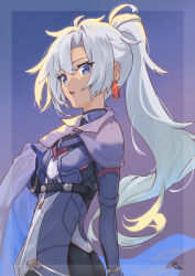  1other a_(xenoblade) armored_bodysuit ass blue_eyes cape collared_cape dark_skin earrings expressionless grey_cape highres jewelry long_hair looking_at_viewer messy_hair single_earring white_hair xenoblade_chronicles_(series) xenoblade_chronicles_3 xenoblade_chronicles_3:_future_redeemed yanagimachi 