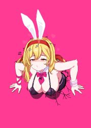  1girl alternate_costume animal_ears blonde_hair bow bowtie breasts cleavage detached_collar fake_animal_ears hairband hololive hololive_indonesia kaela_kovalskia large_breasts leopxl medium_hair parody pink_background pixel_art rabbit_ears rabbit_hole_(vocaloid) red_eyes solo sweat through_wall virtual_youtuber vocaloid 