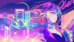  1girl akroglam berryverrine breasts building city_lights cityscape cleavage crescent_moon highres jacket moon multicolored_hair neon_palette night official_art parted_lips scarf second-party_source short_hair sky skyscraper solo sparkle spitha star_(sky) starry_sky upper_body 