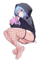  1girl absurdres bandaid_on_thigh black_hoodie blue_eyes blue_hair closed_mouth eiroyi fishnet_thighhighs fishnets full_body garter_straps hatsune_miku highres holding holding_phone hood hood_up hoodie long_hair long_sleeves multicolored_hair nail_polish no_shoes phone purple_hair rabbit_hole_(vocaloid) red_nails simple_background solo thighhighs toenail_polish toenails two-tone_hair vocaloid white_background  rating:Sensitive score:48 user:danbooru