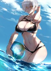  1girl absurdres arm_tattoo ball beachball bikini black_bikini blush breasts cleavage cloud cloudy_sky collarbone day ear_piercing earrings female_focus fins fish_tail flippers gills grin highres holding holding_ball jewelry large_breasts looking_at_viewer mole mole_on_breast mole_under_mouth monster_girl multi-strapped_bikini navel navel_piercing ocean original outdoors piercing ratatatat74 revision shark_girl shark_tail sharp_teeth short_hair skindentation sky smile solo stomach sunlight swimsuit tail tattoo teeth wading water wet white_hair yellow_eyes  rating:Sensitive score:109 user:danbooru