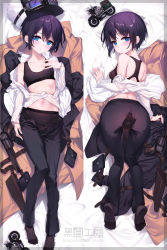  1girl ass black_hair blue_eyes bra breasts cleavage collarbone dress_shirt feet formal goggles gun handgun hat hermes_(kino_no_tabi) highres holster kino_(kino_no_tabi) kino_no_tabi looking_back lying navel open_clothes pants pantyhose pantyhose_under_trousers pistol pouch revolver shirt small_breasts suit swimsuit tomboy torn_clothes training_bra underwear weapon yaguo  rating:Questionable score:41 user:aerd