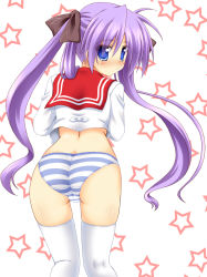 00s 1girl ass blue_eyes blush bottomless from_behind hair_ribbon highres hiiragi_kagami kneepits lask long_hair looking_back lucky_star no_pants panties purple_hair ribbon school_uniform serafuku solo star_(symbol) striped_clothes striped_panties thighhighs tsurime twintails underwear white_thighhighs rating:Questionable score:29 user:danbooru