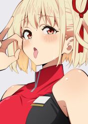  1girl black_shirt blonde_hair bob_cut breasts commentary fellatio_gesture furrowed_brow hair_ribbon hand_up highres large_breasts looking_at_viewer lycoris_recoil nishikigi_chisato red_eyes red_ribbon red_shirt ribbon sakura_1110ssmm shirt short_hair simple_background sleeveless sleeveless_shirt solo sweat symbol-only_commentary tongue tongue_out upper_body white_background 