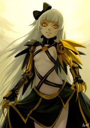  1girl armor as109 bad_id bad_pixiv_id blunt_bangs bow breasts clothes_lift cyborg dress dress_lift face glowing glowing_eyes gold_trim hair_bow joints lips long_hair mechanical_arms navel original pale_skin pauldrons prosthesis ribbon robot_joints shoulder_armor signature single_mechanical_arm skirt skirt_lift small_breasts smile solo very_long_hair white_hair yellow_eyes  rating:Questionable score:80 user:Maro