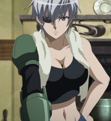  1girl akame_ga_kill! breasts closed_mouth eyepatch female_focus grey_hair hand_on_own_hip highres large_breasts looking_at_viewer mechanical_arms najenda navel purple_eyes screencap short_hair shorts single_mechanical_arm standing stitched third-party_edit tomboy towel 