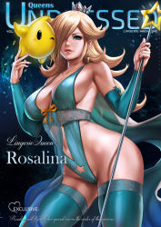  1girl adapted_costume blonde_hair blue_eyes blue_thighhighs breasts character_name cleavage crown dandon_fuga english_text hair_over_one_eye highres leotard lingerie luma_(mario) mario_(series) nail_polish nintendo pelvic_curtain pink_nails rosalina star_(sky) stomach super_mario_galaxy teddy_(lingerie) thighhighs underwear  rating:Sensitive score:109 user:Wendy_Marvell