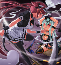  2girls :p airi_(queen&#039;s_blade) airi_(queen's_blade) airi_(the_infernal_temptress) alice_(queen&#039;s_gate) armpits arms_up black_legwear blue_eyes blush breasts cleavage defeat empty_eyes ghost gloves green_hair gun kneeling large_breasts licking_lips light_smile long_hair maid maid_headdress multiple_girls naughty_face parted_lips pee peeing peeing_self queen&#039;s_blade queen&#039;s_gate red_eyes red_hair restrained scythe shirosame thighhighs tongue tongue_out twintails very_long_hair weapon wet wet_clothes wrist_cuffs zettai_ryouiki  rating:Questionable score:50 user:b8r