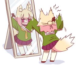  1girl animal_ears arms_up blonde_hair brown_footwear commentary_request fox_ears fox_girl fox_tail green_shirt hair_between_eyes hair_bun hair_ornament highres hissing kemomimi-chan_(naga_u) long_sleeves mirror naga_u open_mouth original pleated_skirt puffing_up purple_eyes purple_skirt reflection ribbon-trimmed_thighhighs ribbon_trim sandals shadow shirt simple_background skirt sleeves_past_fingers sleeves_past_wrists solo standing stiff_tail tail thighhighs v-shaped_eyebrows wavy_mouth white_background white_thighhighs zouri 