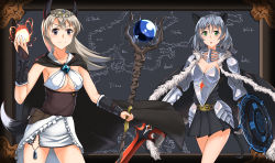 2girls absurdres alternate_costume animal_ears armor armpits belt blue_hair blush breastplate breasts cape cleavage criss-cross_halter eila_ilmatar_juutilainen fantasy fireball gauntlets green_eyes halterneck halterneck highres hiroshi_(hunter-of-kct) charm_(object) looking_at_viewer magic multiple_girls open_mouth pleated_skirt purple_eyes sanya_v._litvyak shield shoulder_armor silver_hair skirt pauldrons staff strike_witches sword tail tiara tonttu underboob vambraces weapon world_witches_series