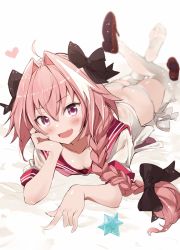 1boy ass astolfo_(fate) astolfo_(sailor_paladin)_(fate) black_bow blush bow braid brown_footwear butt_crack collarbone fang fate/apocrypha fate/grand_order fate_(series) fuku_kitsune_(fuku_fox) hair_between_eyes hair_bow hair_intakes heart highres legs_up loafers long_braid long_hair looking_at_viewer low-tied_long_hair lying male_focus multicolored_hair official_alternate_costume on_stomach open_mouth panties pink_hair pink_sailor_collar purple_eyes sailor_collar saint_quartz_(fate) school_uniform serafuku shiny_skin shirt shoes short_sleeves simple_background single_braid smile solo streaked_hair thighhighs trap underwear white_background white_hair white_panties white_shirt white_thighhighs rating:Sensitive score:34 user:danbooru