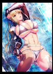 1girl absurdres arm_up armor belt belt_buckle bikini bikini_armor bikini_pull blonde_hair breasts buckle cleft_of_venus clothes_pull covered_erect_nipples gauntlets gluteal_fold green_eyes highres hip_bones huge_breasts inverted_nipples isis_petrovna_ellenskaia kyonyuu_fantasy linea_alba long_hair looking_at_viewer lying midriff navel official_alternate_costume official_art on_back parted_lips partially_visible_vulva ponytail q-gaku reflection shoulder_armor shrug_(clothing) sidelocks skindentation solo swimsuit thighhighs undersized_clothes very_long_hair water wedgie wet rating:Questionable score:56 user:POLTATO