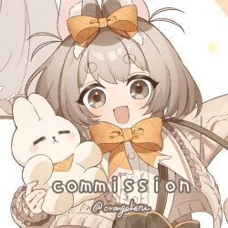  1girl :d animal_ears blush blush_stickers bow bowtie brown_bow brown_bowtie brown_eyes center_frills close-up commission frilled_shirt frills grey_eyes grey_hair hair_bow holding holding_stuffed_toy jacket long_hair long_sleeves looking_at_viewer open_clothes open_jacket open_mouth orange_bow orange_bowtie orangekeru original rabbit_ears shirt short_eyebrows skeb_commission smile solo squirrel_(jjjjmmn_err) stuffed_animal stuffed_rabbit stuffed_toy suspenders thick_eyebrows twitter_username two_side_up upper_body watermark white_background white_shirt 
