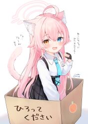  1girl :d absurdres ahoge animal_ear_fluff animal_ears black_gloves black_skirt blue_archive blue_eyes blue_necktie blush box cardboard_box cat_ears cat_girl cat_tail collared_shirt commentary_request fang gloves highres hoshino_(blue_archive) in_box in_container kemonomimi_mode long_hair long_sleeves looking_at_viewer necktie nervous_sweating open_mouth pink_hair plaid plaid_skirt rucaco shirt simple_background skirt smile solo sweat sweatdrop tail translation_request very_long_hair white_background white_shirt  rating:General score:9 user:danbooru
