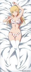 1girl absurdres arm_up bed_sheet blonde_hair blunt_bangs box_wonderland bra breasts closed_mouth dakimakura_(medium) food_print full_body green_eyes hairband hand_up heanna_sumire highres long_hair looking_at_viewer love_live! love_live!_superstar!! lying medium_breasts \n/ navel on_back one_eye_closed orange_hairband panties print_bra print_panties smile solo stomach strawberry_panties strawberry_print thigh_gap thighhighs thighs underwear underwear_only white_thighhighs rating:Sensitive score:68 user:danbooru