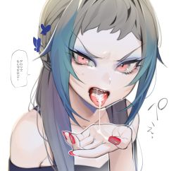 1boy angry annoyed cum cum_in_mouth cum_on_hands cum_on_tongue cupping_hand die_(ohisashiburi) frown gradient_hair grey_hair highres long_hair looking_at_viewer male_focus multicolored_hair nail_polish narrowed_eyes ohisashiburi original piercing red_eyes red_nails sharp_teeth simple_background solo teeth tongue tongue_out tongue_piercing translated trap white_background yaoi rating:Explicit score:162 user:danbooru