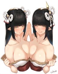 2girls black_hair blunt_bangs breast_press breasts character_request clothes_down cokuto1 collarbone commentary_request copyright_request female_focus hair_ornament highres hinoa large_breasts licking_lips long_hair looking_at_viewer minoto monster_hunter_(series) monster_hunter_rise multiple_girls off_shoulder open_clothes open_mouth pointy_ears shiny_skin siblings sidelocks signature sisters smile symmetrical_docking tongue tongue_out twins upper_body rating:Questionable score:100 user:danbooru