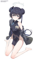 1girl bare_shoulders barefoot black_dress black_gloves black_hair blue_archive blush braid braided_bun breasts butterfly_hair_ornament china_dress chinese_clothes coat double_bun dragon_print dress gloves grey_coat grey_eyes hair_bun hair_ornament half_gloves halo highres kisaki_(blue_archive) long_hair long_sleeves looking_at_viewer off_shoulder pelvic_curtain pinstripe_pattern short_dress side_slit simao_(x_x36131422) sitting small_breasts solo striped striped_coat twintails vertical-striped_coat wariza rating:Sensitive score:22 user:danbooru
