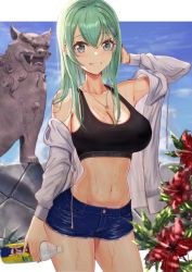  1girl absurdres blue_shorts blush bottle breasts cleavage clothes_writing collarbone cowboy_shot day denim denim_shorts flower green_eyes green_hair grin hair_between_eyes hair_ornament hairclip hibiscus highres holding holding_bottle huge_filesize jacket kantai_collection large_breasts long_hair long_sleeves navel open_clothes open_jacket red_flower shiisaa short_shorts shorts smile solo statue suzuya_(kancolle) sweat taki_rentaro wet white_jacket 