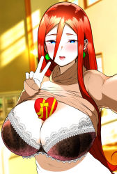 1girl alternate_costume bad_id bad_pixiv_id between_breasts black_bra blue_eyes blush box bra breasts cleavage clothes_lift creatures_(company) day earrings game_freak hair_between_eyes heart-shaped_box highres jessie_(pokemon) jewelry kuuneru_(ojigi) lace lace-trimmed_bra lace_trim large_breasts lips long_hair long_sleeves looking_at_viewer navel nintendo open_mouth pokemon pokemon_(anime) reaching reaching_towards_viewer red_hair selfie shirt shirt_lift smile solo straight_hair tongue turtleneck underwear upper_body v rating:Sensitive score:100 user:danbooru