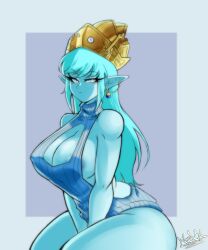  1girl :c absurdres aeos_(dragon_ball) areola_slip arms_between_legs bare_shoulders blue_eyes blue_hair blue_skin blue_sweater breasts closed_mouth colored_skin commission covered_erect_nipples dragon_ball dragon_ball_heroes earrings from_side highres huge_breasts jewelry long_hair looking_at_viewer meme_attire nexx_art pointy_ears potara_earrings signature simple_background solo sweater swept_bangs tiara turtleneck turtleneck_sweater virgin_killer_sweater 