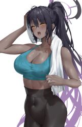 1girl alternate_costume arm_up black_hair black_pants blue_archive blue_sports_bra breasts cleavage commentary covered_erect_nipples covered_navel cowboy_shot dark-skinned_female dark_skin gradient_hair half-closed_eyes halo highres holding holding_towel karin_(blue_archive) large_breasts light_blush long_hair looking_at_viewer multicolored_hair open_mouth pants ponytail purple_halo renge_(730) saliva simple_background solo sports_bra sweat symbol-only_commentary teeth tongue towel towel_around_neck very_long_hair white_background wiping_sweat yellow_eyes yoga_pants  rating:Sensitive score:20 user:danbooru