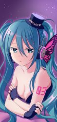 1girl blue_eyes blue_hair breasts cleavage colored_eyelashes crossed_arms fingerless_gloves gloves hat hatsune_miku headphones headset highres long_hair magnet_(vocaloid) medium_breasts mini_hat mini_top_hat open_mouth solo strapless top_hat twintails vocaloid winged_headphones yuusa 