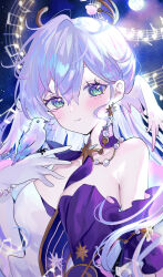  1girl bare_shoulders bird bird_on_hand blush bracelet breasts cleavage closed_mouth dress earrings elbow_gloves gen_arare gloves green_eyes grey_hair hair_between_eyes halo hashtag-only_commentary head_wings highres honkai:_star_rail honkai_(series) jewelry long_hair multicolored_clothes multicolored_dress musical_note neckerchief pearl_bracelet purple_dress purple_neckerchief robin_(honkai:_star_rail) sky solo star_(sky) starry_sky strapless strapless_dress twitter_username upper_body very_long_hair white_dress white_gloves wings 