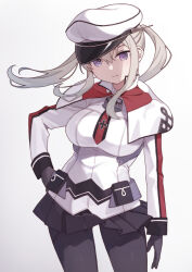  1girl black_gloves black_pantyhose black_skirt blonde_hair breasts closed_mouth cowboy_shot gloves graf_zeppelin_(kancolle) hat kantai_collection large_breasts long_hair long_sleeves military_uniform mitsuyo_(mituyo324) pantyhose peaked_cap pleated_skirt purple_eyes skirt solo twintails uniform white_hat  rating:General score:3 user:danbooru