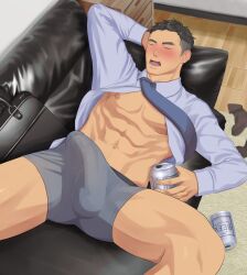 1boy abs arm_behind_head bara bare_pectorals beer_can black_hair blue_necktie blush boxer_briefs bulge can closed_eyes couch dress_shirt drink_can drunk erection erection_under_clothes facing_viewer from_above grey_male_underwear highres holding holding_can indoors kode65851125 long_sleeves lying male_focus male_underwear muscular muscular_male navel navel_hair necktie nipples no_pants on_back on_couch open_clothes open_mouth open_shirt original pectorals rug shirt short_hair sleeping socks solo spread_legs suitcase underwear unworn_socks white_shirt wooden_floor rating:Questionable score:8 user:danbooru
