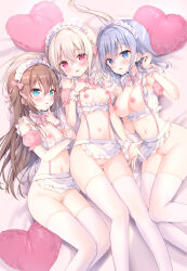  3girls :d :o amedamacon apron bandaid bandaid_on_pussy blue_eyes blue_hair blush braid braided_bangs breasts brown_hair cleavage closed_mouth commentary_request detached_sleeves feet_out_of_frame frilled_apron frills groin hair_between_eyes hair_ornament highres light_brown_hair long_hair maid_headdress medium_breasts multiple_girls navel nipples open_mouth original parted_lips pink_sleeves puffy_short_sleeves puffy_sleeves red_eyes short_sleeves small_breasts smile thighhighs very_long_hair waist_apron white_apron white_thighhighs wrist_cuffs x_hair_ornament 