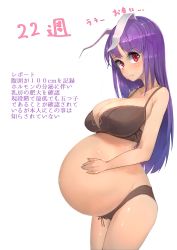  1girl animal_ears rabbit_ears highres long_hair pregnant purple_hair red_eyes reisen_udongein_inaba solo touhou translation_request white_background  rating:Questionable score:28 user:KFX