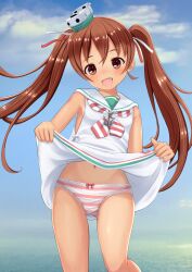  1girl absurdres blue_sky brown_hair clothes_lift commentary_request commission dress dress_lift fang highres kantai_collection libeccio_(kancolle) lifted_by_self navel outdoors panties pantyshot sailor_collar skeb_commission sky solo striped_clothes striped_panties tan tanakaminos twintails underwear 