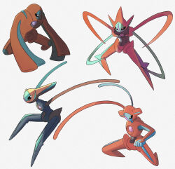 alternate_form ashita_mo creatures_(company) deoxys deoxys_(attack) deoxys_(defense) deoxys_(normal) deoxys_(speed) expressionless game_freak gen_3_pokemon highres looking_at_viewer looking_to_the_side multiple_views mythical_pokemon nintendo no_humans pokemon pokemon_(creature) simple_background tentacles